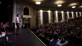 Prime Minister Justin Trudeau participates in a town hall Q&A in Belleville, Ontario