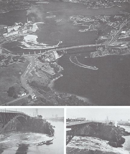 Fig. 4. The Reversing Falls at Saint John, New Brunswick, 
at the mouth of the St. John River.<br />
(Upper photo by Lockwood Survey, NFB Phototeque, 1966;
Lower photos by D.G. Mitchell, Canadian Hydrographic Service, 1963.)
