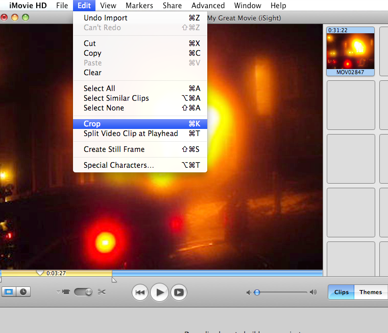 Image: Screen capture of iMovie, showing how to select Crop from the Edit menu. (Edit, Crop, Clips)