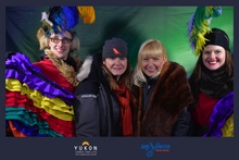 (L to R) Rebecca Reynolds (Yukon Sourdough Rendezvous can-can dancers), Deb Ryan (Air North), Minister Taylor, Harmony Hunter (YSR can-can dancers)