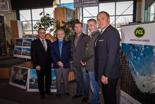 (L-R) Health and Social Services Minister Mike Nixon, Education Minister Doug Graham, Marc Gagne of the United Association of Plumbers, Pipefitters and Sheet Metal Workers,  Jeff Sloychuck of the Yukon Carpenter’s Union, Premier Darrell Pasloski.