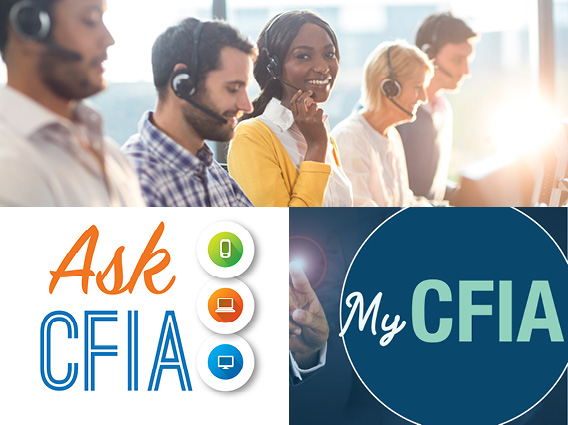 5 people wearing headsets at work. Below this image are two images, one being the Ask CFIA logo and the second being the My CFIA logo