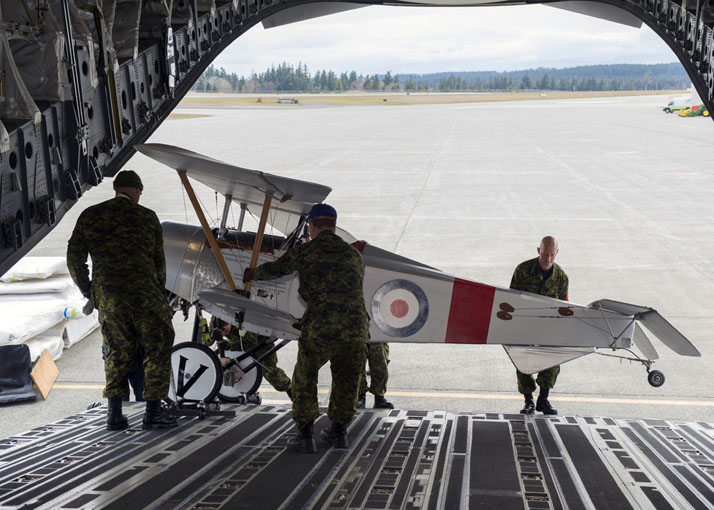 The Vimy Flight aircraft are loaded onto a CC-177 Globemaster aircraft at 19 Wing Comox on March 15, 2017 to be transported to Vimy, France to participate in the 100th anniversary of the Battle of Vimy Ridge. Photo: Cpl Spence NL, 19 Wing Imaging CX01-2017-0100-005