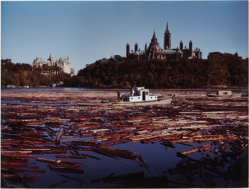 Pulpwood logs on the Ottawa River were directed by tugboats to the E.B. Eddy Forest Products Mill in Hull, Ottawa-Gatineau, 1963.