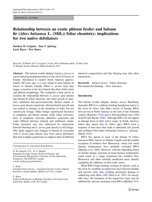 Relationship between an exotic phloem feeder and balsam fir (_Abies balsamea_ L. (Mill.)) foliar chemistry: implications for two native defoliators. 