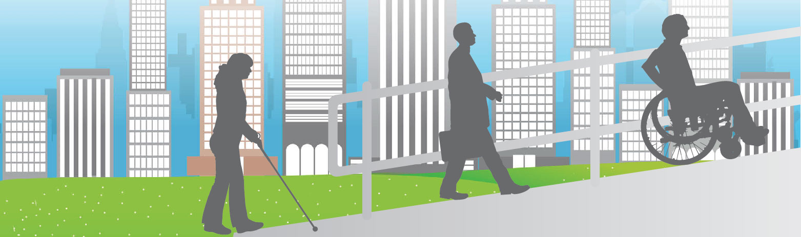 Three people walk up an accessible ramp into a building. One is using a cane, the other is carrying a briefcase, and the third is using a wheelchair. A colourful city skyline is in the background.