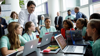 Prime Minister Justin Trudeau meets with Girls Who Code, a non-profit organization dedicated to closing the gender gap in technology, in Providence, Rhode Island