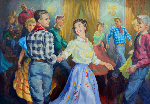 A painting by Hilton Hassell of Princess Elizabeth and her husband, The Duke of Edinburgh, square-dancing in Rideau Hall’s Ballroom on their last night in Ottawa. This special evening took place during the young Princess’s first Royal Tour of Canada in 1951. 
Painting: Hilton Hassell, The Royal Square Dance at Rideau Hall, 1951. From the National Capital Commission, Crown Collection for the Official Residences of Canada.
Photograph: MCpl Vincent Carbonneau, 2015 / Rideau Hall, GG02-2015-0301-001
