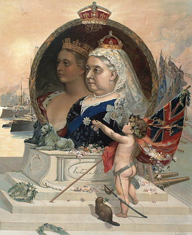 A poster produced by the Toronto Lithographing Company commemorating Queen Victoria’s Diamond Jubilee in 1897. The background portrait of Queen Victoria depicts her as a new queen; the foreground bust represents her on the occasion of the 60th anniversary of her ascension. A young Canada, crowned with maple leaves, scatters flowers on the portrait’s plinth. Toronto Lithographing Company, in Supplement to The Globe, June 9, 1897 / Library and Archives Canada, C-039048

