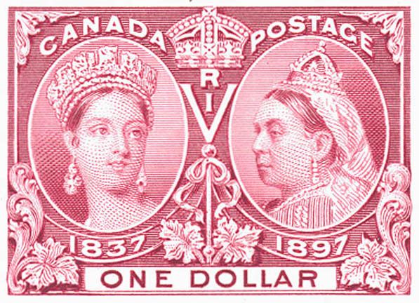 A one-dollar stamp issued by the American Bank Note Company on the occasion of Queen Victoria’s Diamond Jubilee in 1897. On the left, she is featured at the time of her ascension to the Throne in 1837; on the right, she is represented as she would have appeared around the time of her 60th anniversary as queen. Canada Post Corporation, in American Bank Note Company fonds, June 19, 1897 / Library and Archives Canada, MIKAN no. 2253531
