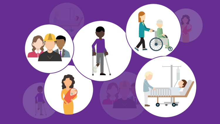 Image illustrating different types of benefits the EI Program offers. From left to right: regulars benefits and special benefits (maternity and parental, compassionate care, sickness and parents of critically ill children).