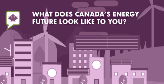 Image contains buildings and windmills with the text “what does Canada’s energy future look like to you?”
