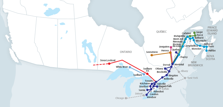 Map of trains of Ontario and Quebec