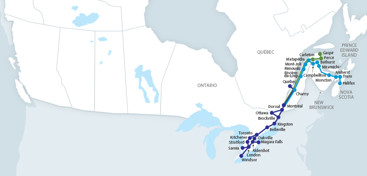 Map of train of the Atlantic Canada region