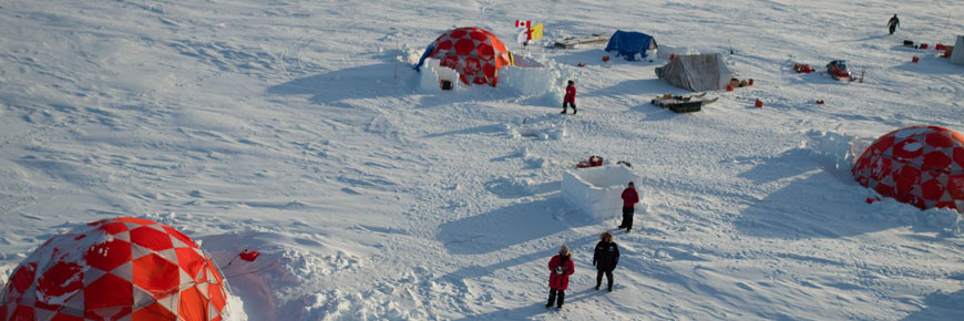 Aerial view of the camp site on the ice and snow