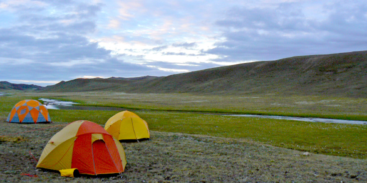 Several tents by a stream on the tundra, with hills in the distance.