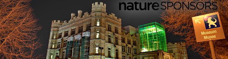 Text: natureSponsors. Image: Exterior of the museum at night.