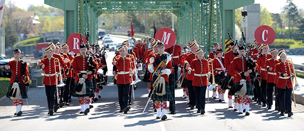 The RMC Band marching across the LaSalle Causeway