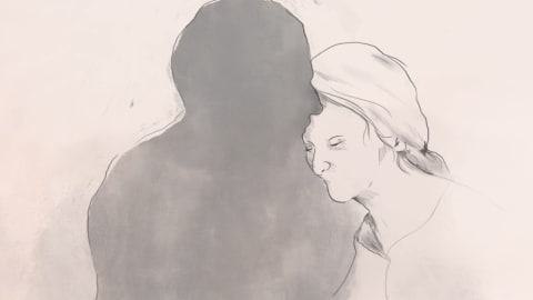 Un dessin d'une femme qui repose sa tête dans le creux du cou d'un homme dont le profil est noirci.