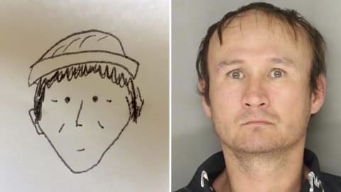 À gauche, le croquis du visage du suspect dessiné par un témoin, et, à droite, une photo du suspect