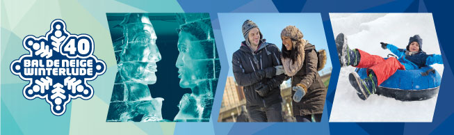 Le logo de Bal de Neige, une sculpture de glace, un couple patinant sur le canal et un jeune garçon glissant sur la neige. 
