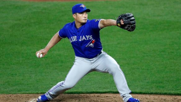 Toronto Blue Jays relief pitcher Seung Hwan Oh to the Baltimore Orioles in the seventh inning of a baseball game on Wednesday. 