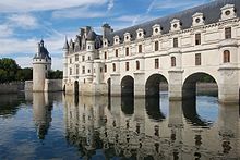 Château de Chenonceau in the Loire valley, the castle that spans the river with a round keep, and garden