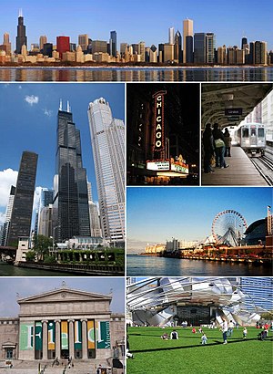 Clockwise from top: Downtown Chicago, the Chicago Theatre, the 'L', Navy Pier, Millennium Park, the Field Museum, and Willis Tower