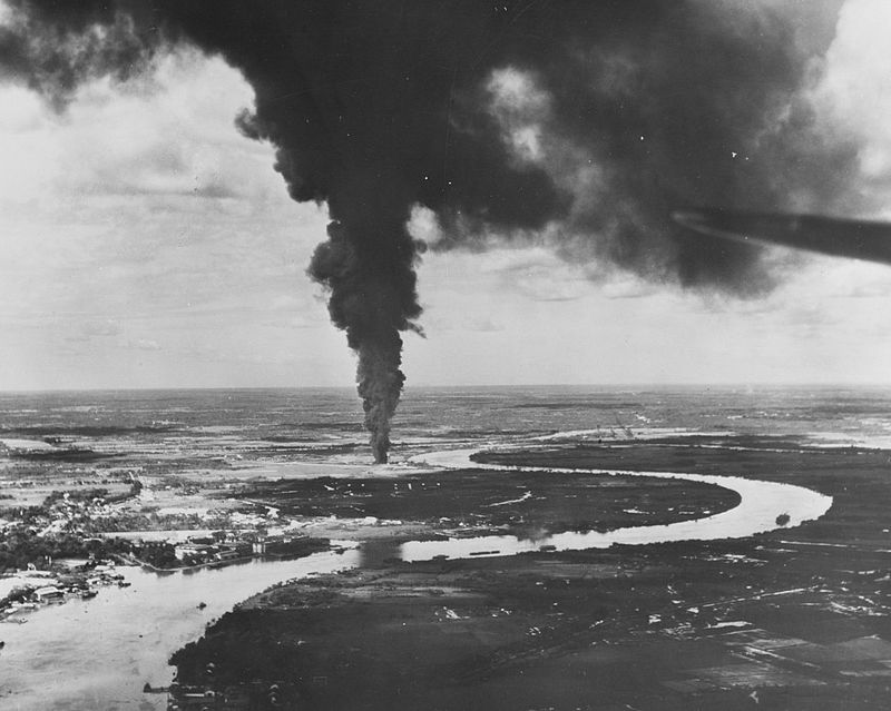 Ships and installations at Saigon afire after aerial attack by carrier based planes of US Pacific fleet, 12 January 1945.jpg