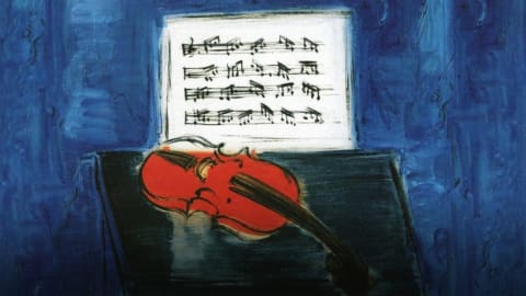 Peinture montrant un violon rouge sur fond bleu, avec une partition au-dessus