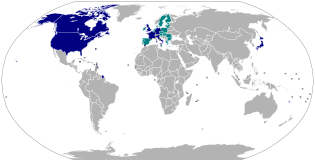 The G7-nations (blue) and the European Union (teal) in the world.