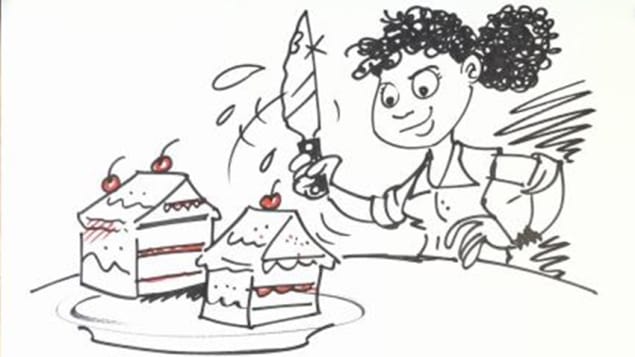 Un dessin : une femme coupe en deux en gâteau qui a la forme d'une maison.