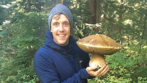 David Swab tient dans ses mains le gros champignon cueilli en forêt