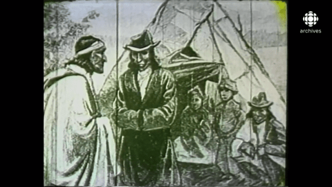 Dessin en noir et blanc comprenant deux hommes debout, et une famille assise dans un tipi. 