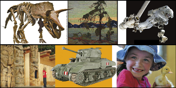 Collage : un dinosaure à cornes, une peinture, un char d’assaut, un enfant tenant un caneton, un astronaute dans l’espace, un visiteur regardant des totems.