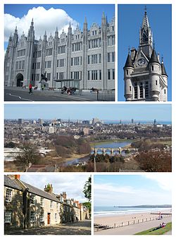 Clockwise from top-left: Marischal College, West Tower of the new Town House on Union Street, River Dee view from Tollohill Woods, Old Aberdeen High Street, Aberdeen Beach