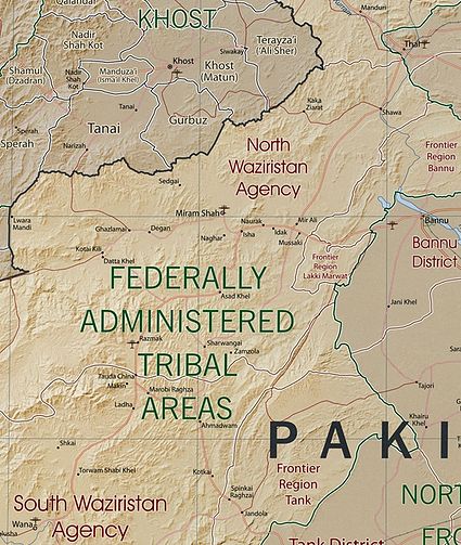 Khost, Afghanistan and North and South Waziristan Tribal Areas, Pakistan map