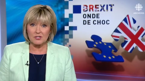 L'animatrice Pascale Nadeau présente les réactions aux résultats du vote sur le brexit.  En arrière d'elle une mortaise où les mots brexit l'onde de choc sont écrits.  