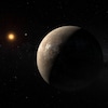 Représentation artistique de l'exoplanète Proxima b en orbite autour de Proxima du Centaure. 