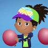 Alicia et son ami jouent avec des ballons gonflables. Ils portent tous les deux des casquettes colorées.