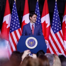 Prime Minister Justin Trudeau delivers a speech at the Ronald Reagan Presidential Library.