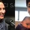 Collage de deux photos : 
- Marie Berwald au micro de l'émission Point du Jour.
- Danielle Bourgeois-Dion avec sa derniÈere-née dans les bras. 