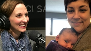 Collage de deux photos : 
- Marie Berwald au micro de l'émission Point du Jour.
- Danielle Bourgeois-Dion avec sa derniÈere-née dans les bras. 