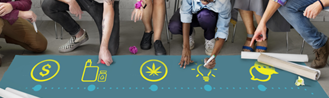 Six youth are sitting on chairs interacting with a giant blue cardboard on the floor. On the cardboard there are different yellow icons. From left to right, the first icons is a dollar sign, followed by a vaping device, a cannabis leaf and an idea bubble. The icon at the right is featuring dialogue bubbles. 