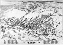 Illustration en noir et blanc de Vancouver. De grands navires remplissent les port au Sud; le bourg, remplissant le centre de la carte, est bordé d'arbres sur les côtés gauche et dessus. Des ponts traverses le plan d'eau en centre-haut.