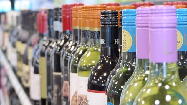 La photo montre en gros plan des bouteilles de vin alignées sur une étagère.