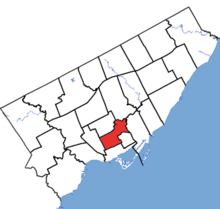 University-Rosedale in relation to the other Toronto ridings (2015 boundaries).png
