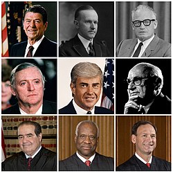 This is a collage of prominent leaders in the conservative movement in the United States. Clockwise from the top center: Calvin Coolidge, Barry Goldwater, Milton Friedman, Samuel Alito, Clarence Thomas, Antonin Scalia, William F. Buckley Jr. and Ronald Reagan, with Jack Kemp in the center.