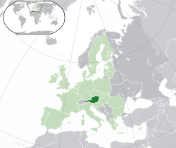 Location of Austria (dark green) – in Europe (green & dark grey) – in the European Union (green)  –  [Legend]
