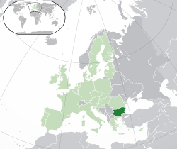 Location of Bulgaria (dark green) – in Europe (green & dark grey) – in the European Union (green)  –  [Legend]